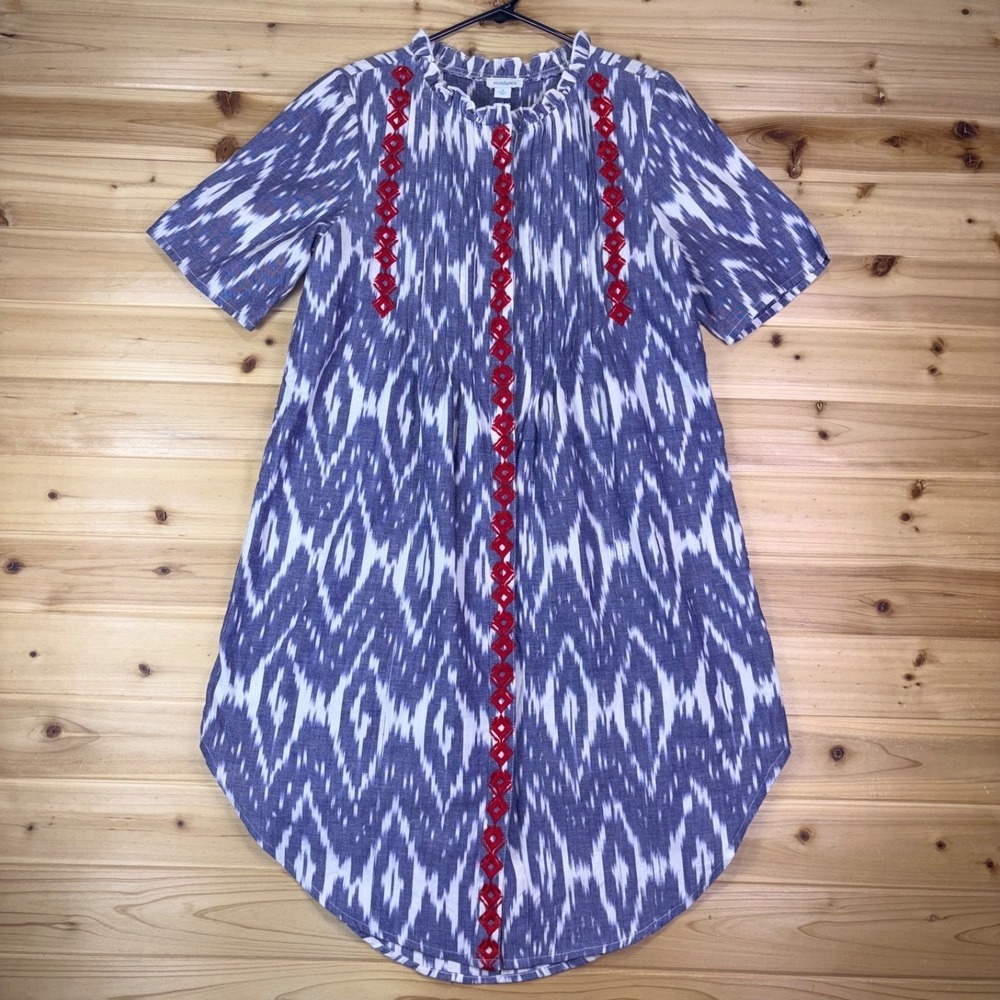 Sundance Blue and White Ikat Midi Shirt Dress with Red Trim